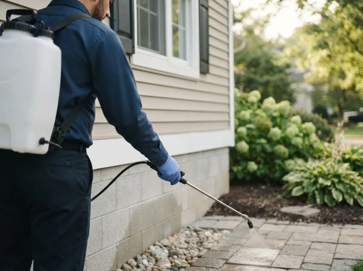 Pest control technician inspecting a home in Paw Paw, IL